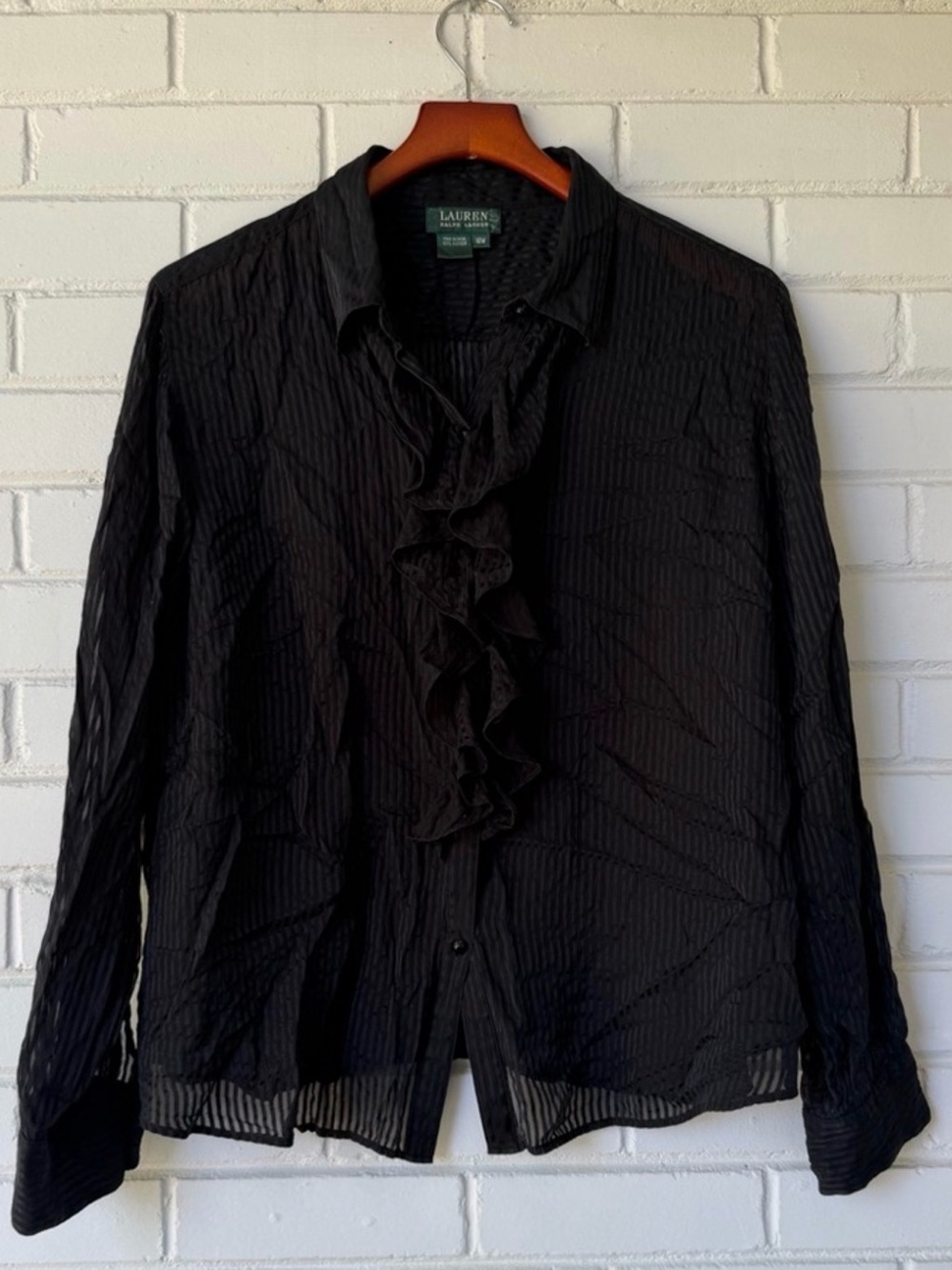 Ralph Lauren Black Ruffle-Front Long Sleeve Dress Shirt